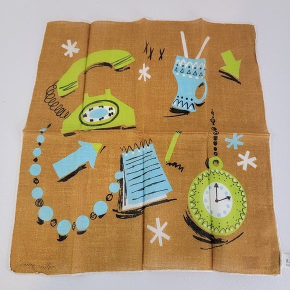 Vintage 1960s Designer JEANNE MILLER Phone Clock Handkerchief TAG UNUSED - Picture 1 of 7